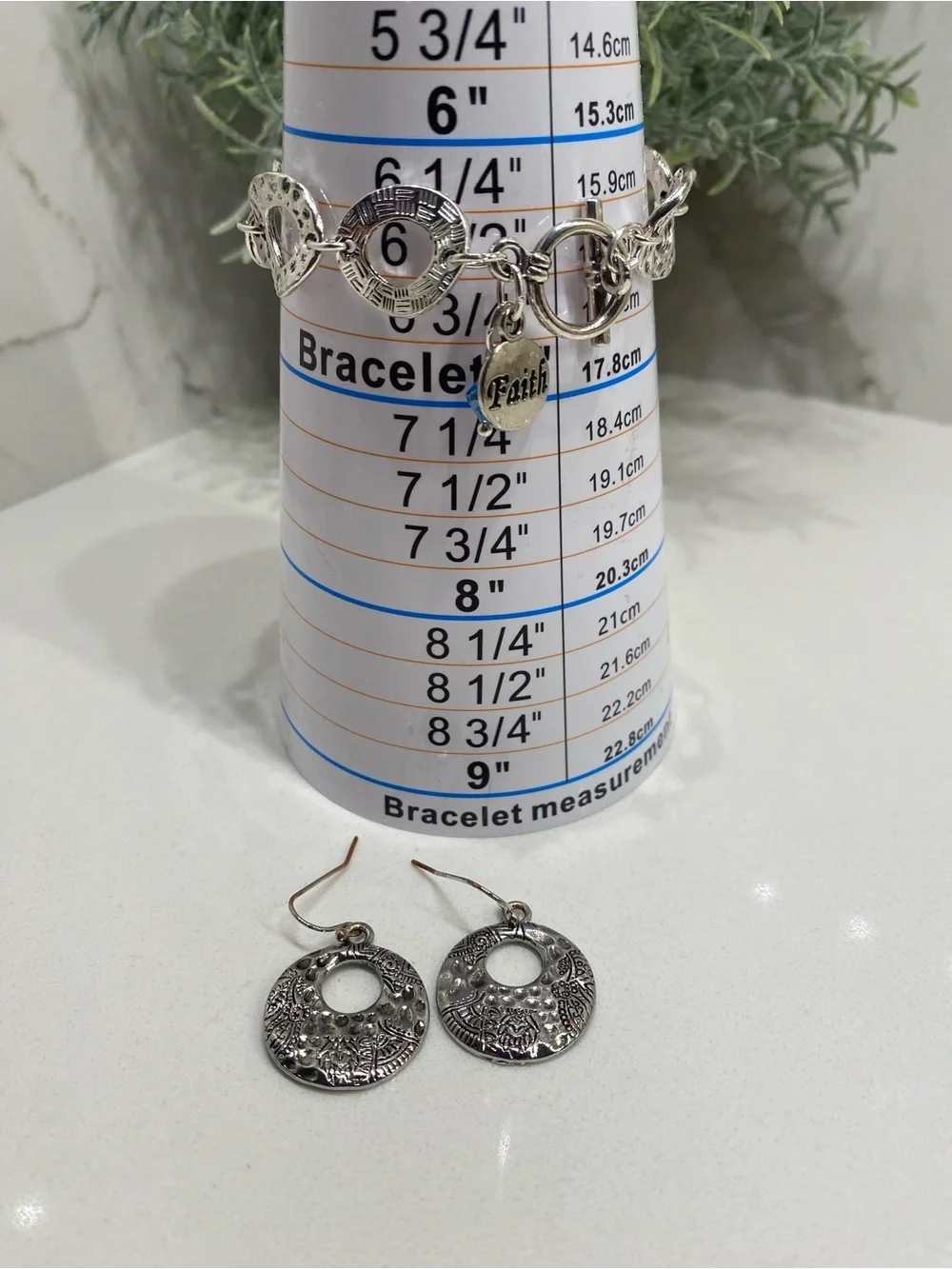 Hammered Silver - Toned Bracelet And Matching Earrings Set With Faith Charm